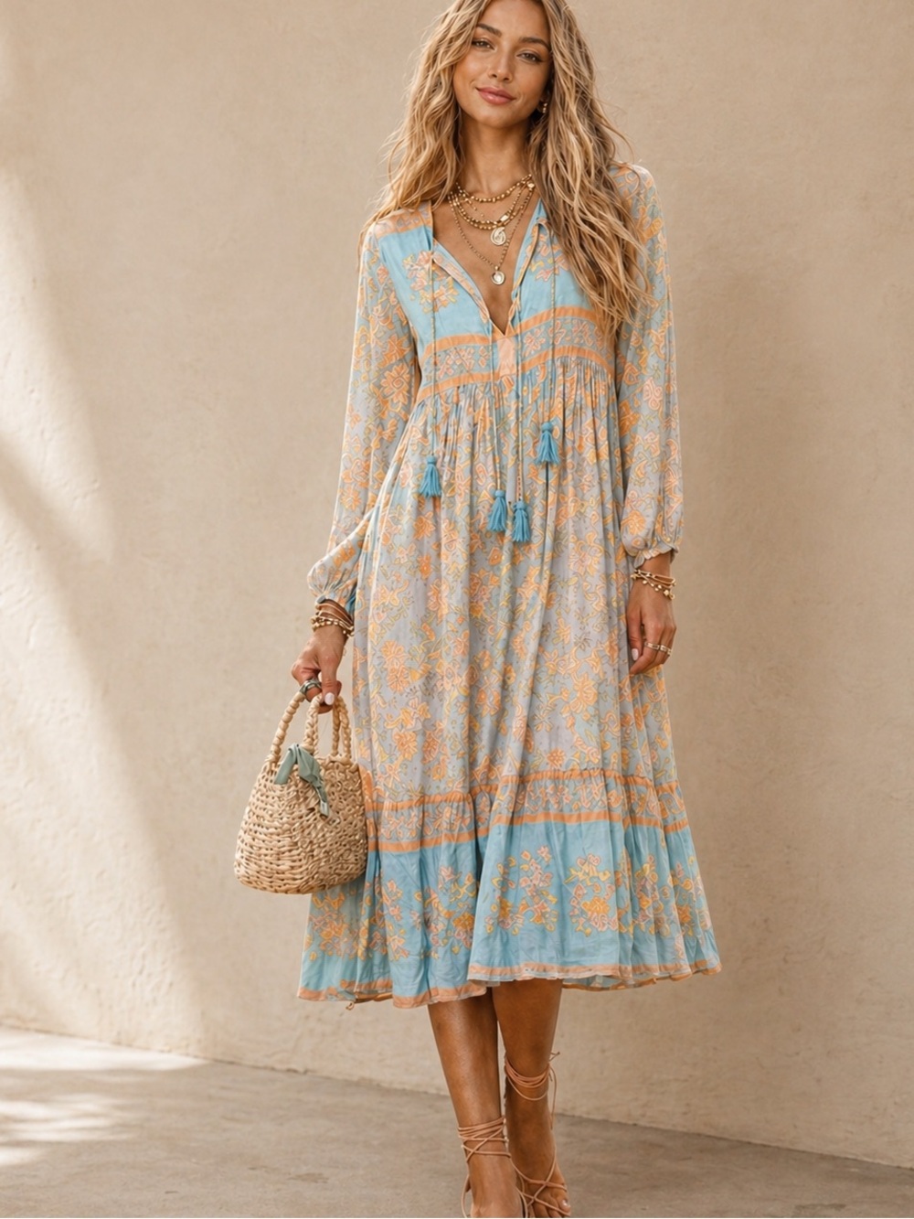Spell & The Gypsy Collective Juniper Boho Midi Dress Eggshell Blue Size S